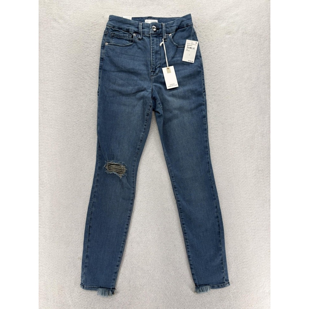 Good American Good Waist Skinny Jeans Womens 6/28 Blue Distressed Super Stretch
